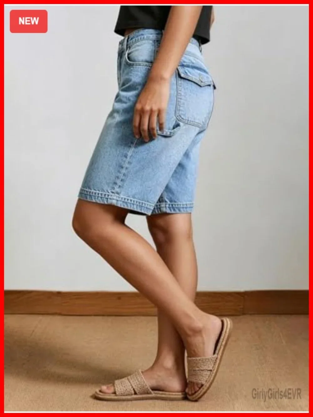 Mid Waist Denim Bermuda Shorts Cargo Loose Fit Summer Casual Flap Pockets